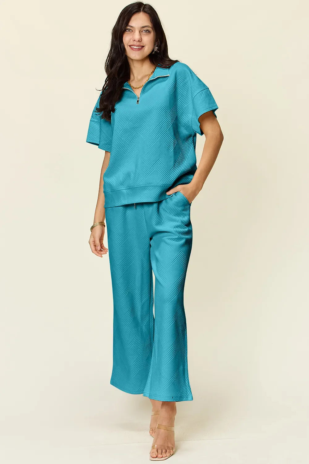 Textured Half-Zip Top & Pants Set – Casual, Chic & Comfortable