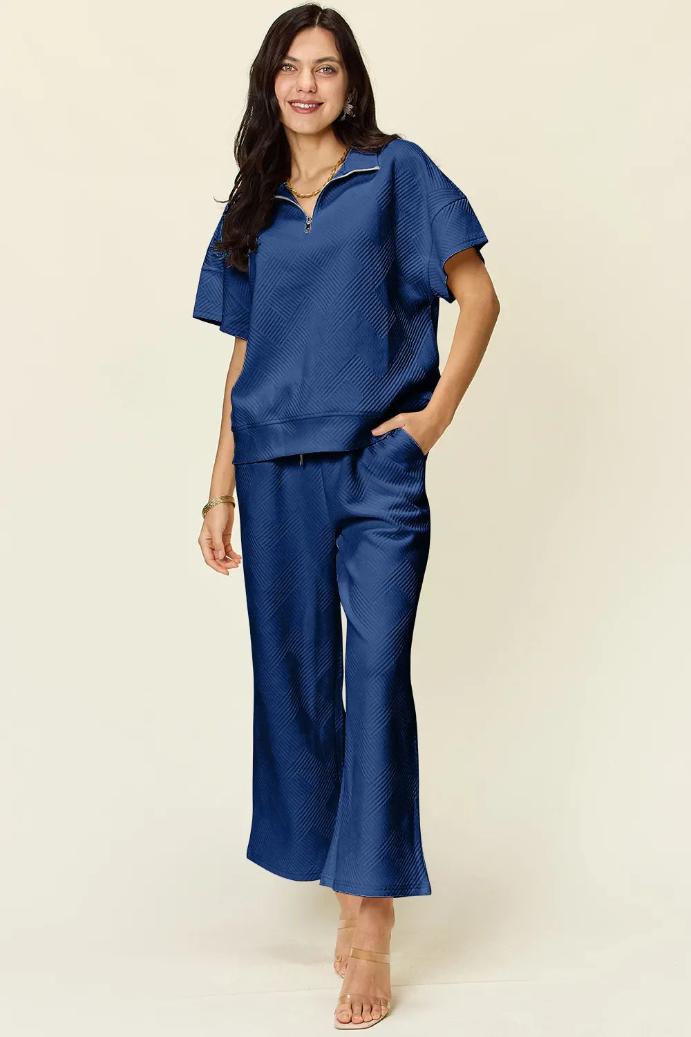 Textured Half-Zip Top & Pants Set – Casual, Chic & Comfortable