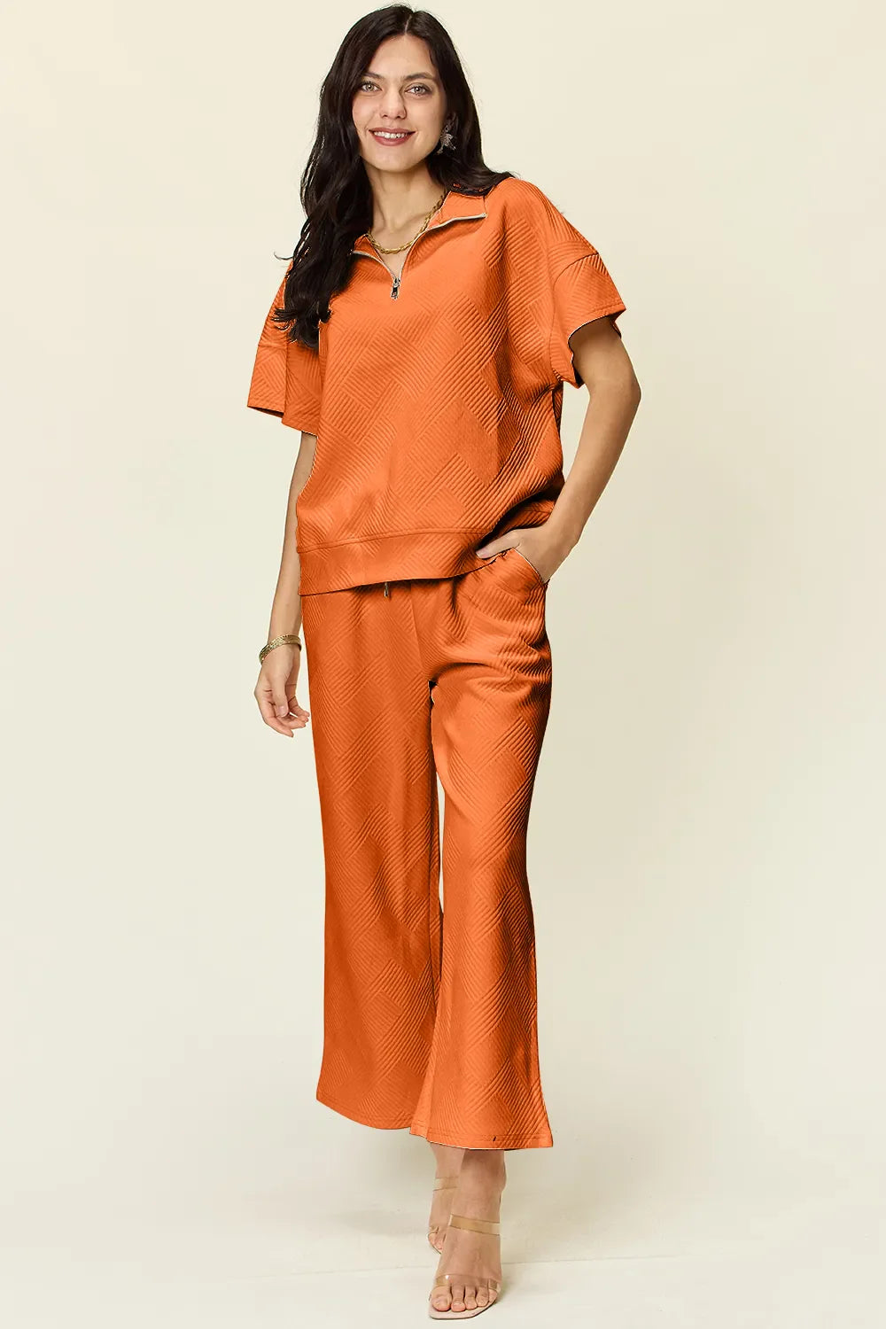 Textured Half-Zip Top & Pants Set – Casual, Chic & Comfortable