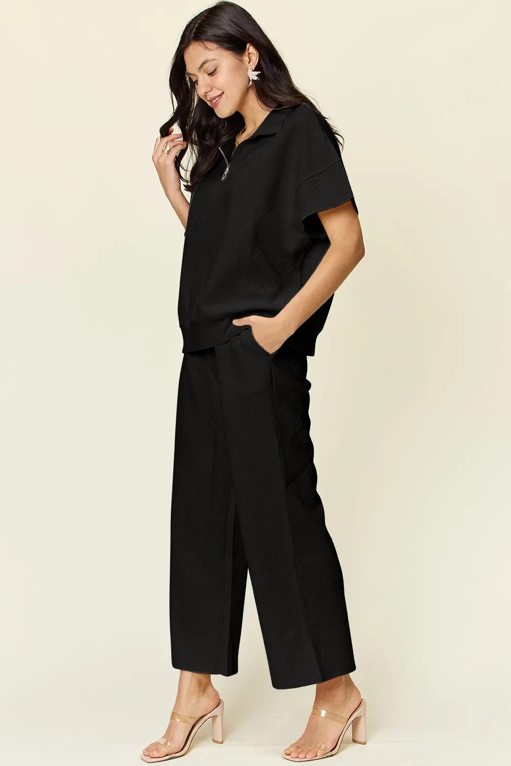 Textured Half-Zip Top & Pants Set – Sporty, Comfy & Stylish