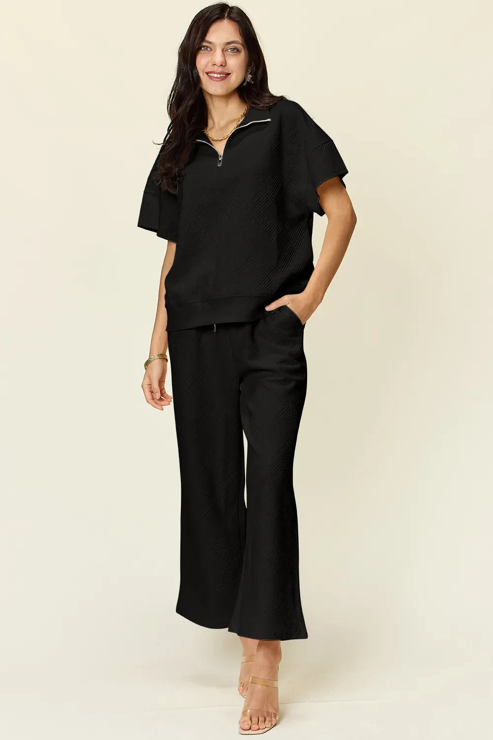 Textured Half-Zip Top & Pants Set – Sporty, Comfy & Stylish