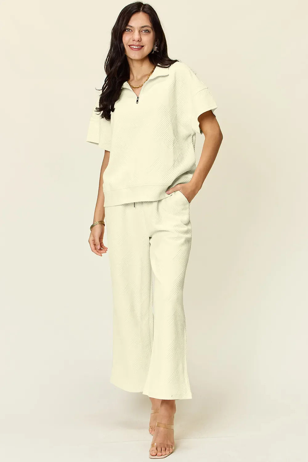 Textured Half-Zip Top & Pants Set – Sporty, Comfy & Stylish