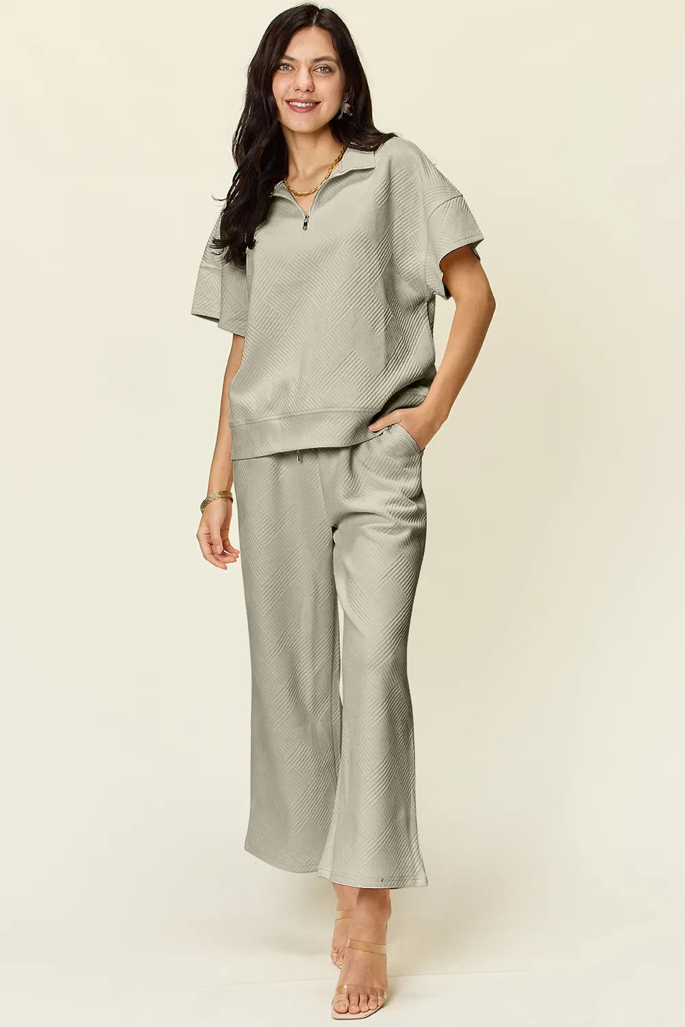 Textured Half-Zip Top & Pants Set – Sporty, Comfy & Stylish