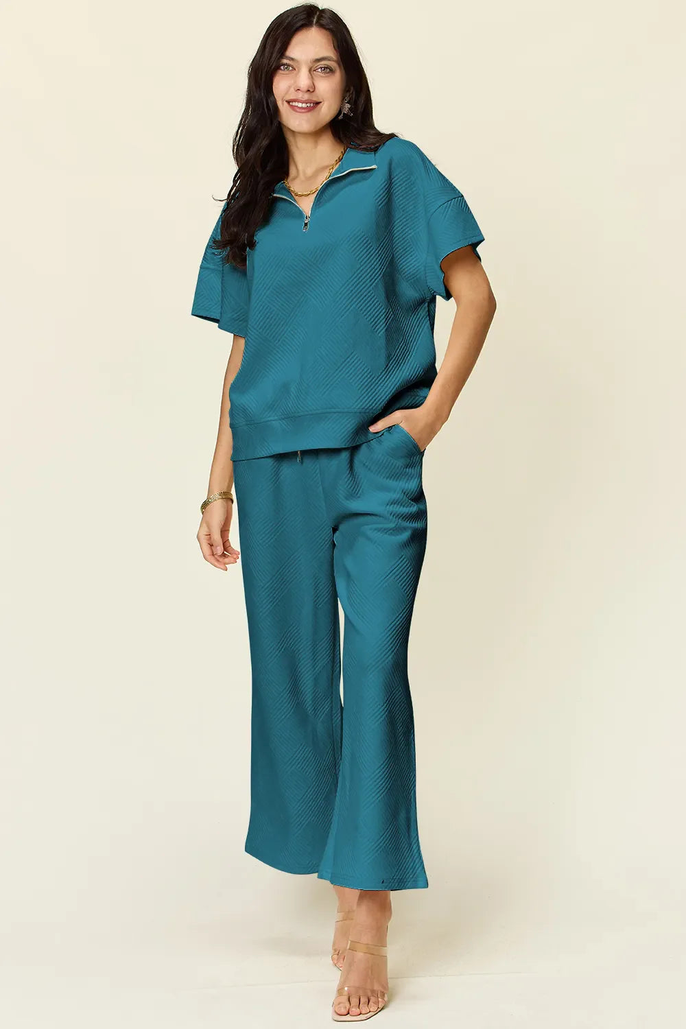 Textured Half-Zip Top & Pants Set – Sporty, Comfy & Stylish