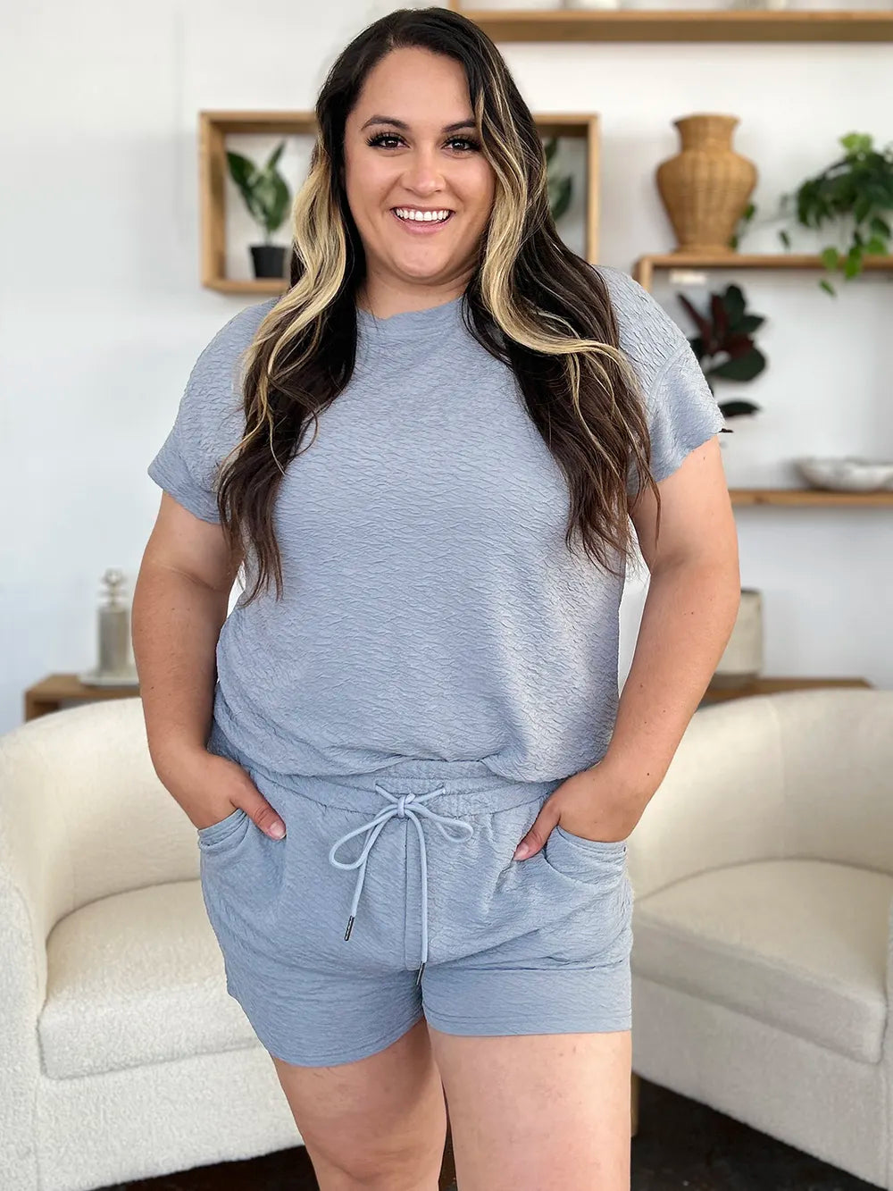 Textured Short Sleeve T-Shirt & Drawstring Shorts Set — Casual & Comfy