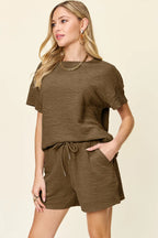 Textured Short Sleeve T-Shirt & Drawstring Shorts Set — Casual & Comfy