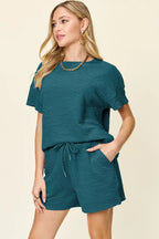 Textured Short Sleeve T-Shirt & Drawstring Shorts Set — Casual & Comfy