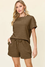 Chestnut brown textured short-sleeve T-shirt and drawstring waist shorts set