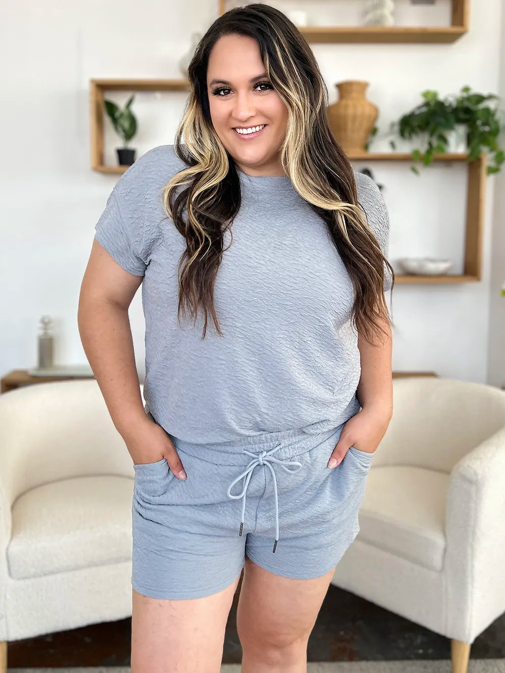 Textured Short Sleeve T-Shirt & Drawstring Shorts Set — Casual & Comfy