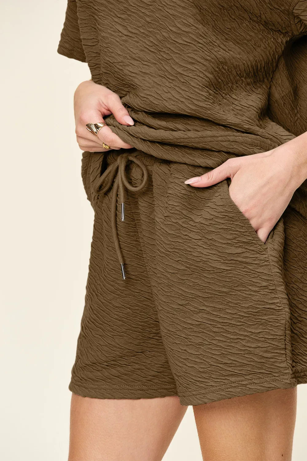 Textured Short Sleeve T-Shirt & Drawstring Shorts Set — Casual & Comfy