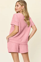 Textured Short Sleeve T-Shirt & Drawstring Shorts Set — Casual & Comfy