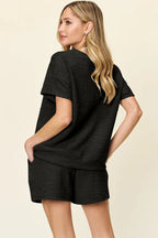 Textured Short Sleeve T-Shirt & Drawstring Shorts Set — Casual & Comfy