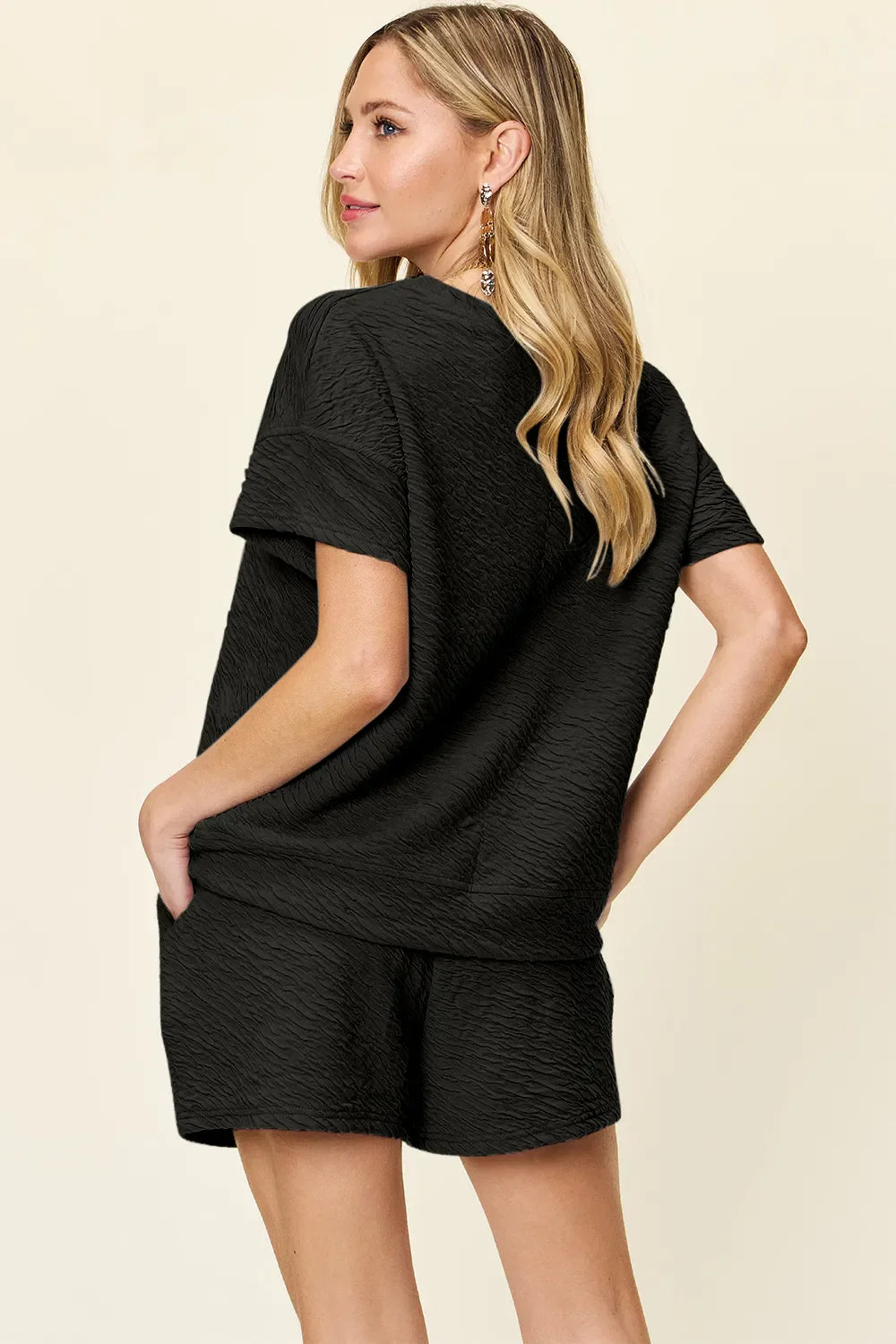 Textured Short Sleeve T-Shirt & Drawstring Shorts Set — Casual & Comfy