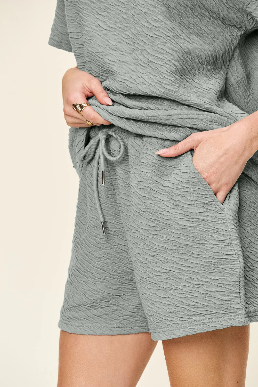 Textured Short Sleeve T-Shirt & Drawstring Shorts Set — Casual & Comfy