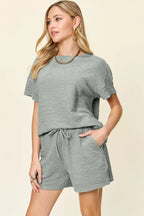 Textured Short Sleeve T-Shirt & Drawstring Shorts Set — Casual & Comfy