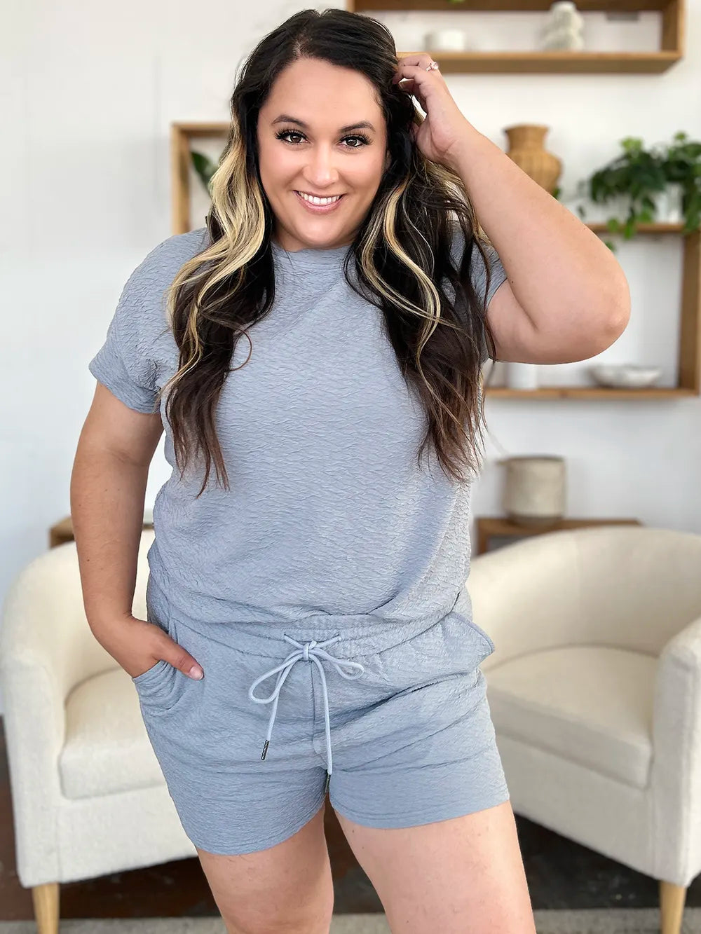 Textured Short Sleeve T-Shirt & Drawstring Shorts Set — Casual & Comfy