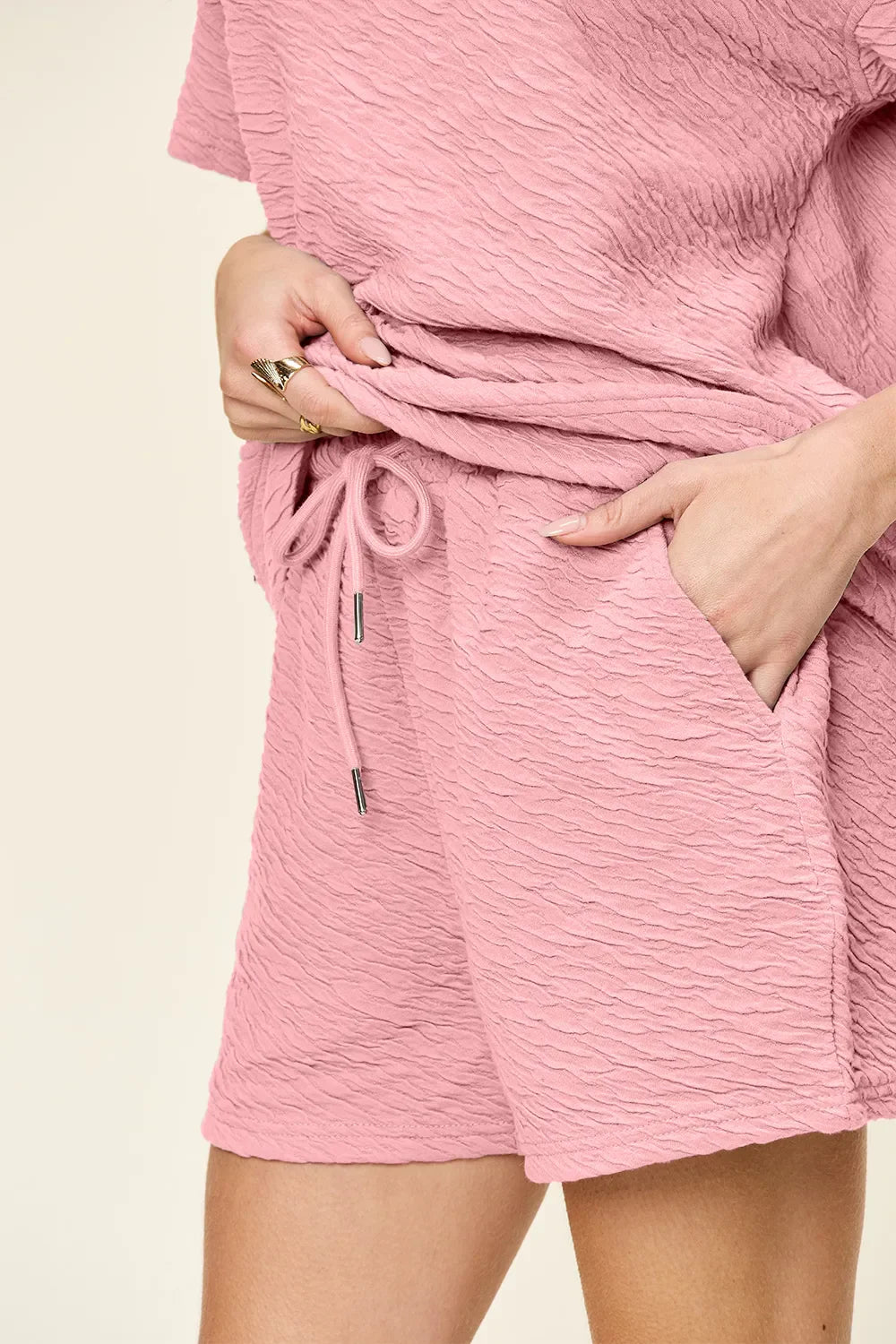 Textured Short Sleeve T-Shirt & Drawstring Shorts Set — Casual & Comfy