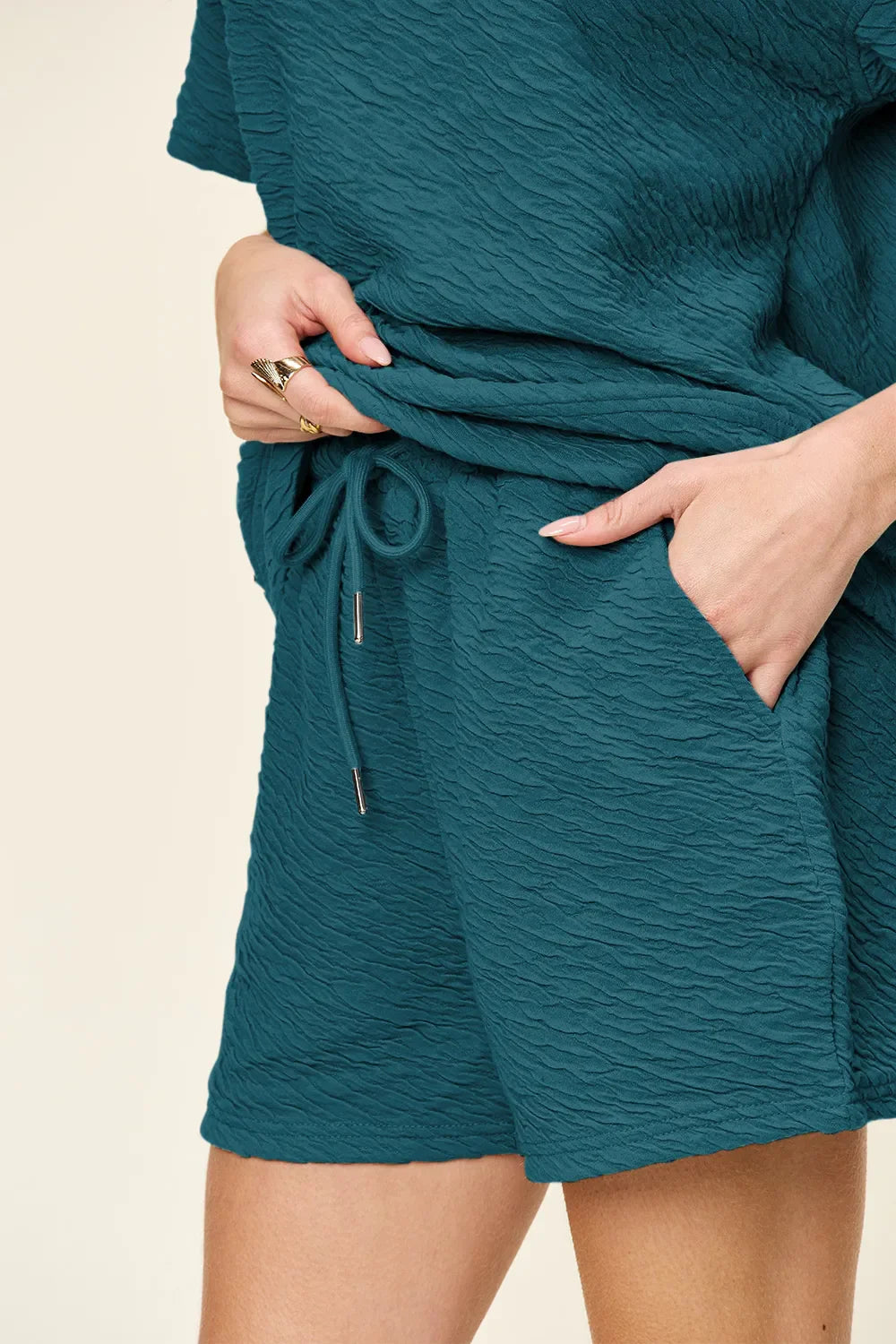 Textured Short Sleeve T-Shirt & Drawstring Shorts Set — Casual & Comfy