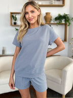Textured Short Sleeve T-Shirt & Drawstring Shorts Set — Casual & Comfy