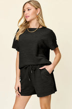 Textured Short Sleeve T-Shirt & Drawstring Shorts Set — Casual & Comfy
