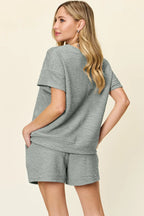 Textured Short Sleeve T-Shirt & Drawstring Shorts Set — Casual & Comfy