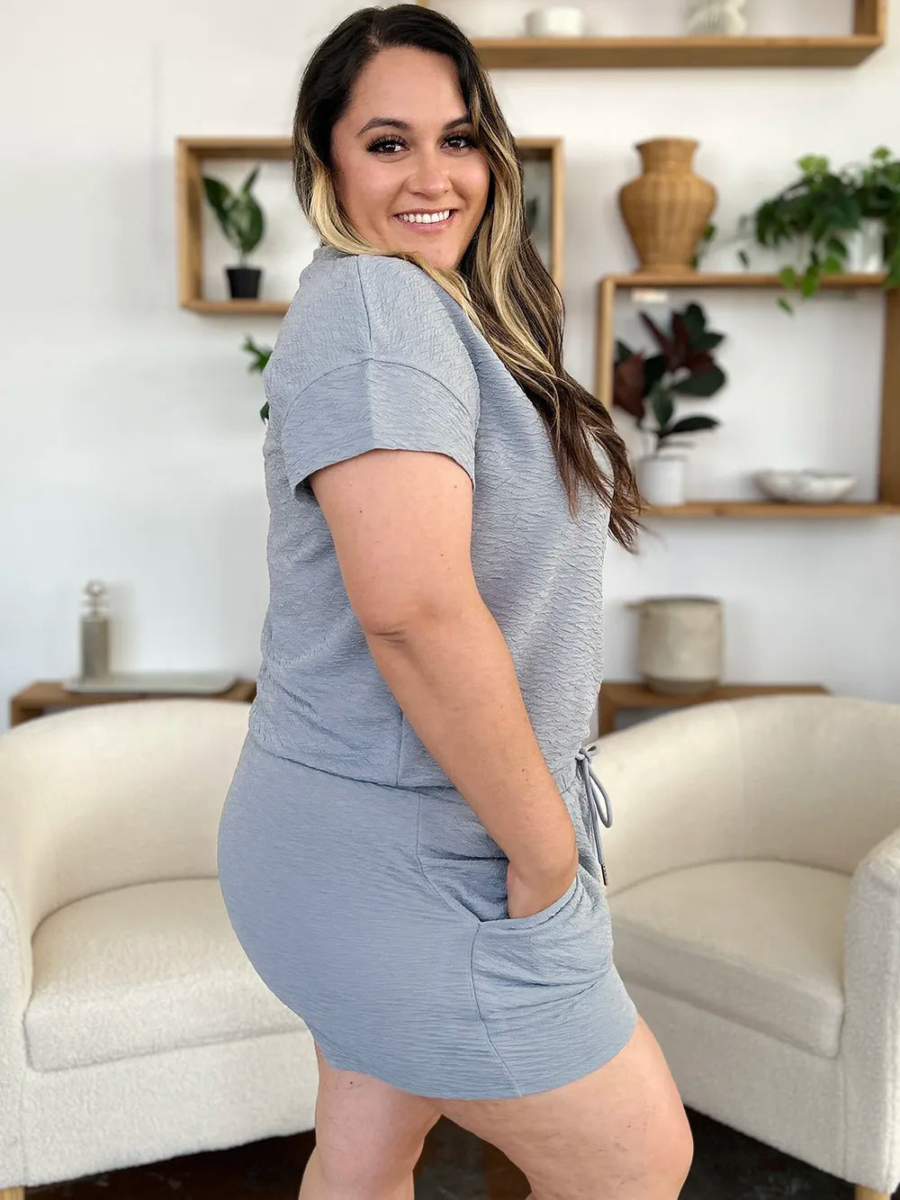 Textured Short Sleeve T-Shirt & Drawstring Shorts Set — Casual & Comfy