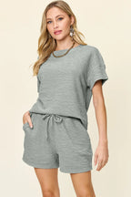 Textured Short Sleeve T-Shirt & Drawstring Shorts Set — Casual & Comfy