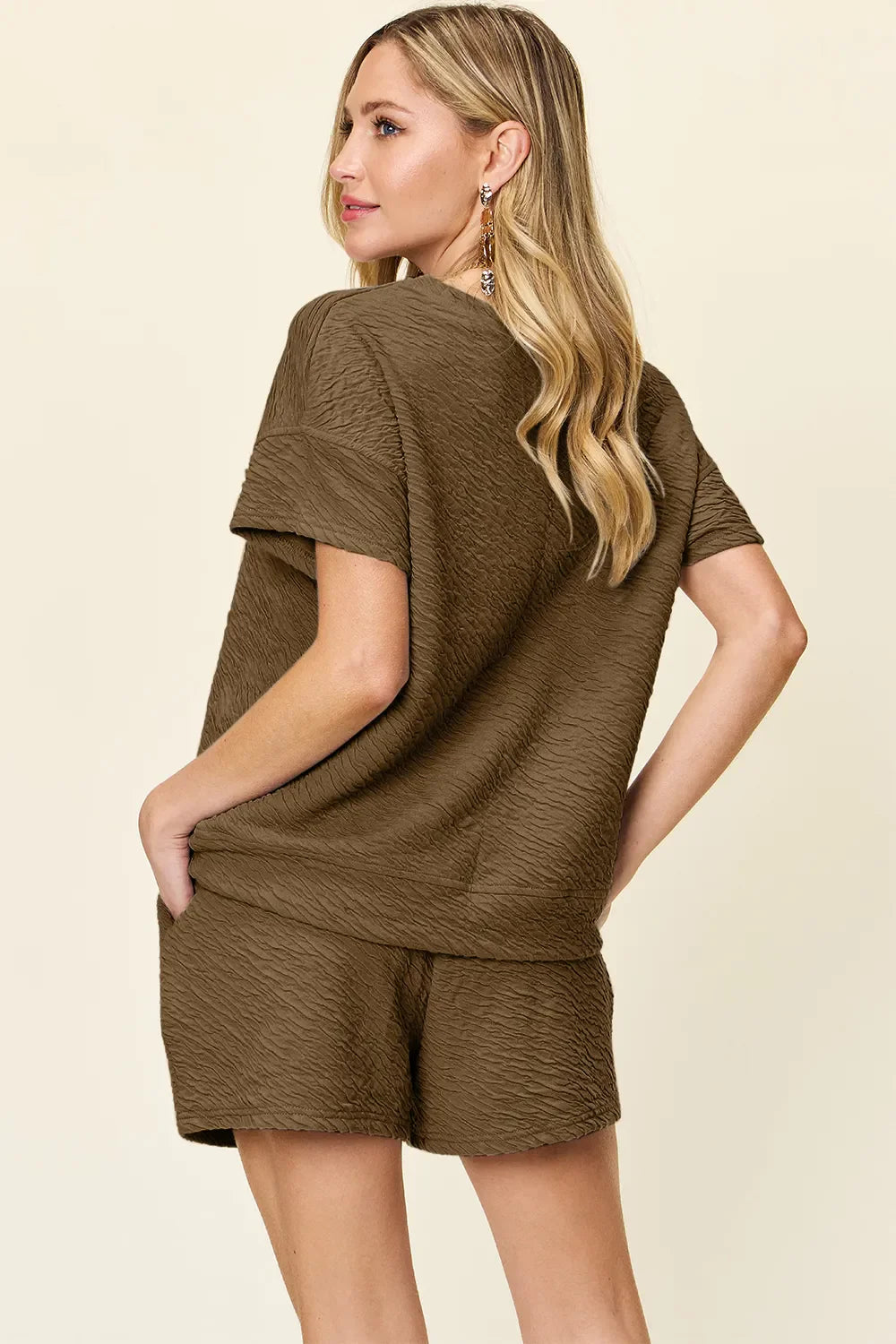 Textured Short Sleeve T-Shirt & Drawstring Shorts Set — Casual & Comfy