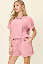 Textured Short Sleeve T-Shirt & Drawstring Shorts Set — Casual & Comfy