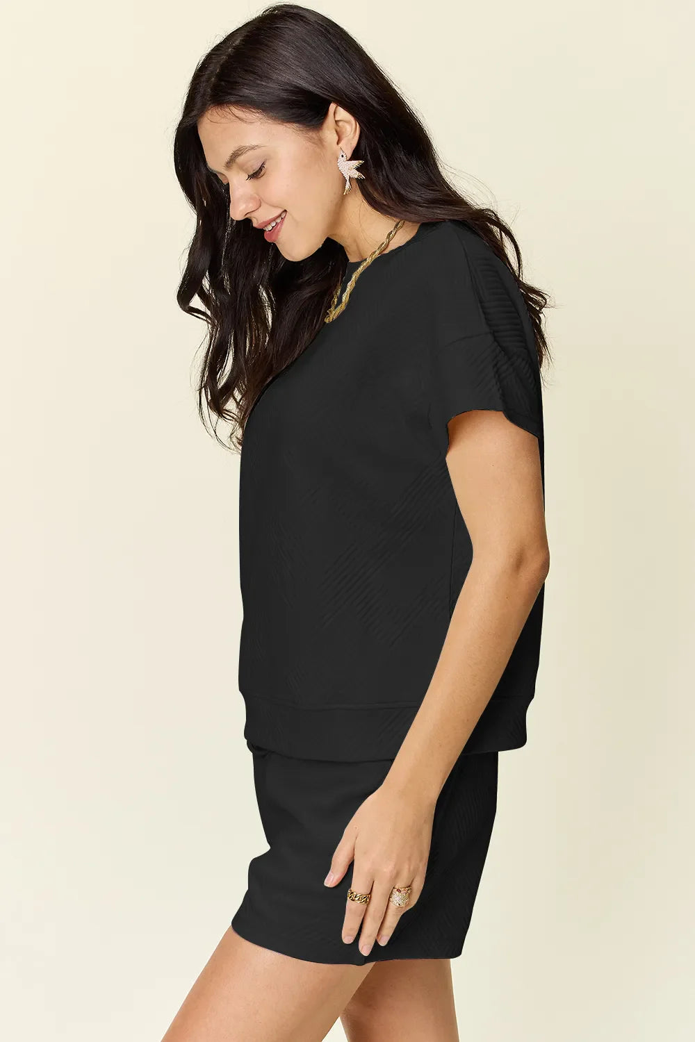 Textured Short Sleeve T-Shirt & Drawstring Shorts Set — Comfy & Stylish