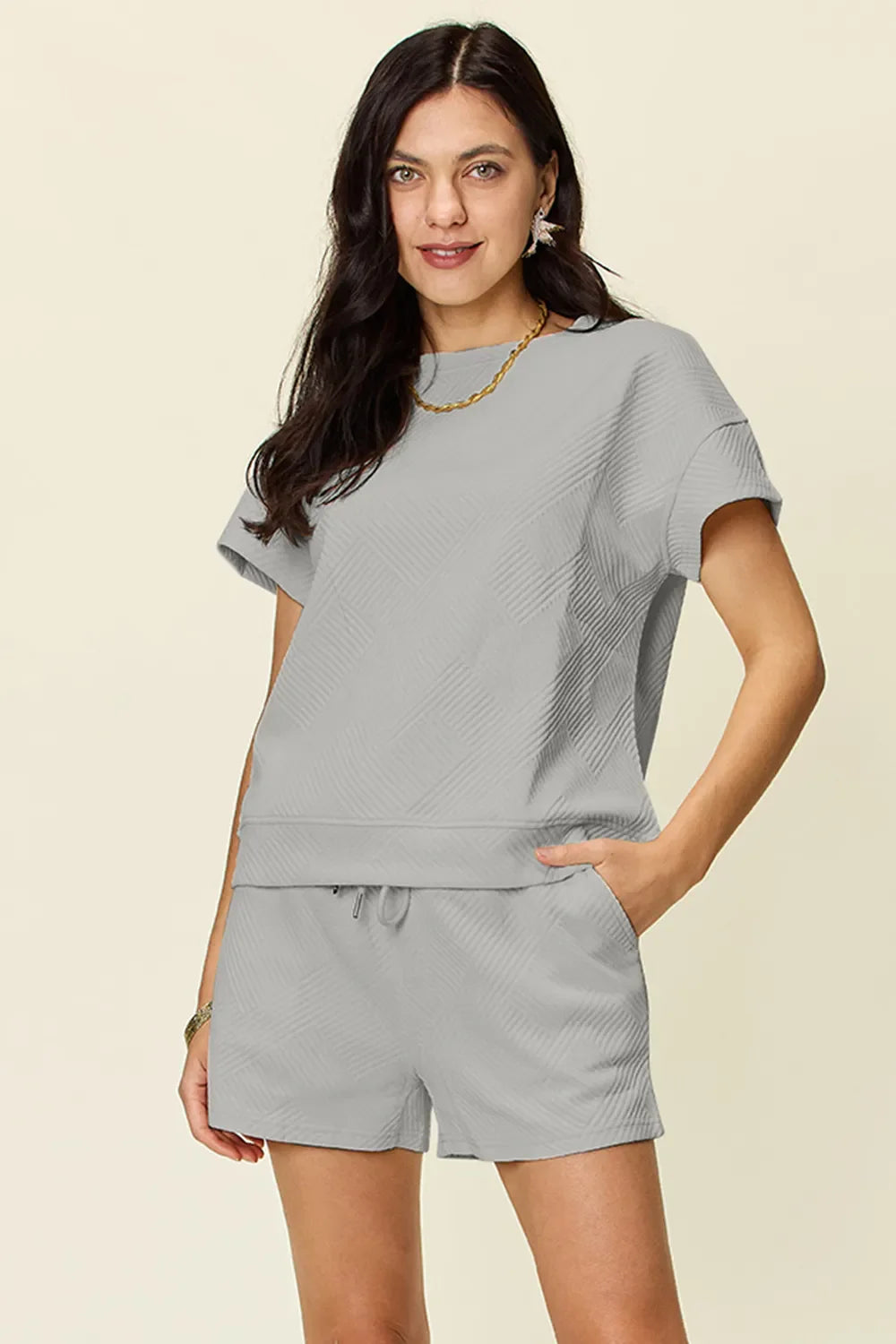 Textured Short Sleeve T-Shirt & Drawstring Shorts Set — Comfy & Stylish