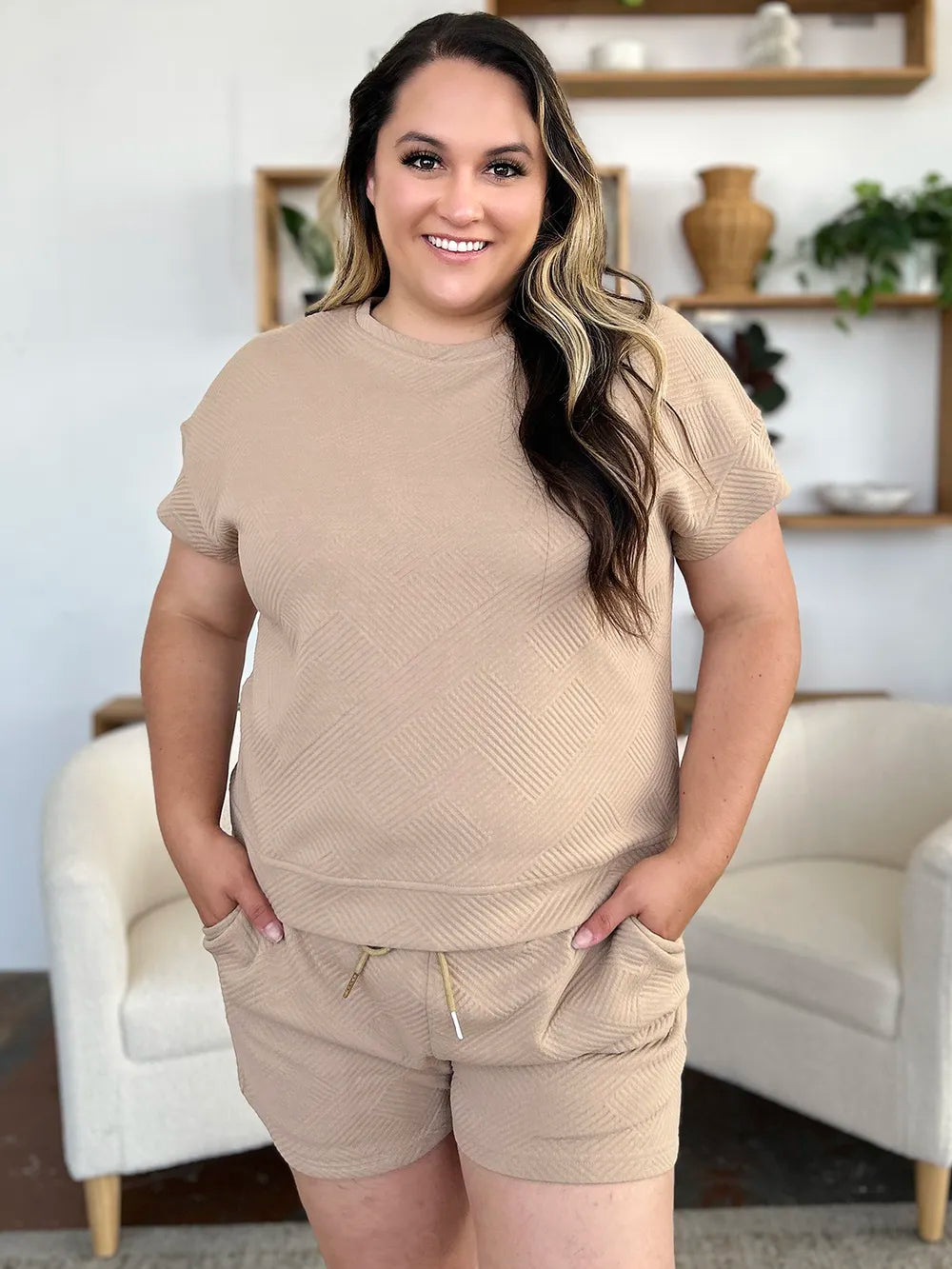 Textured Short Sleeve T-Shirt & Drawstring Shorts Set — Comfy & Stylish