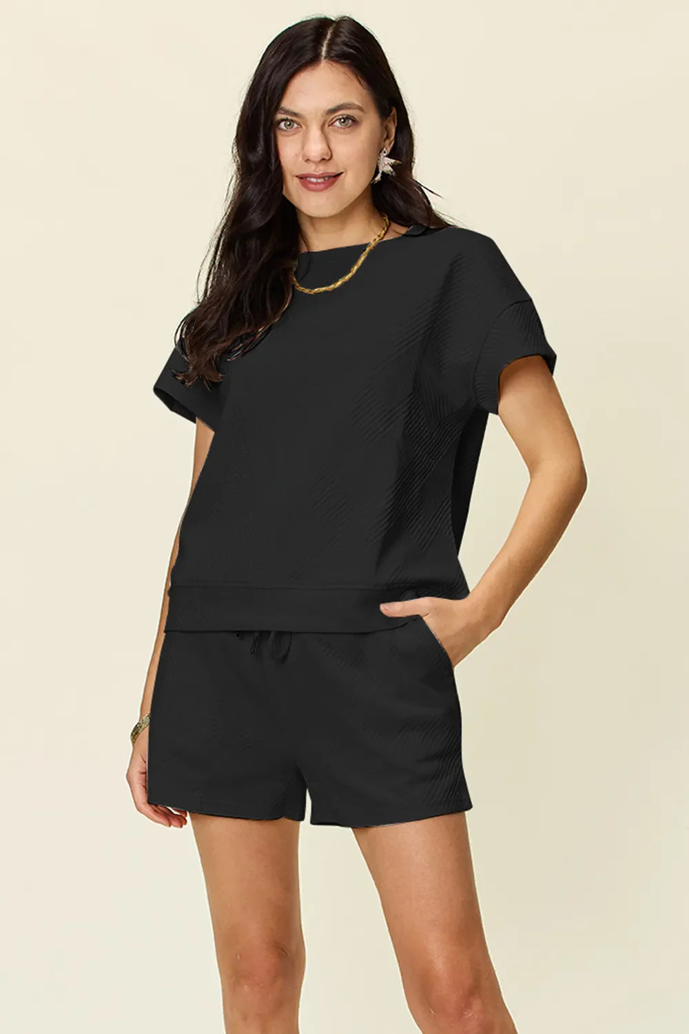 Textured Short Sleeve T-Shirt & Drawstring Shorts Set — Comfy & Stylish