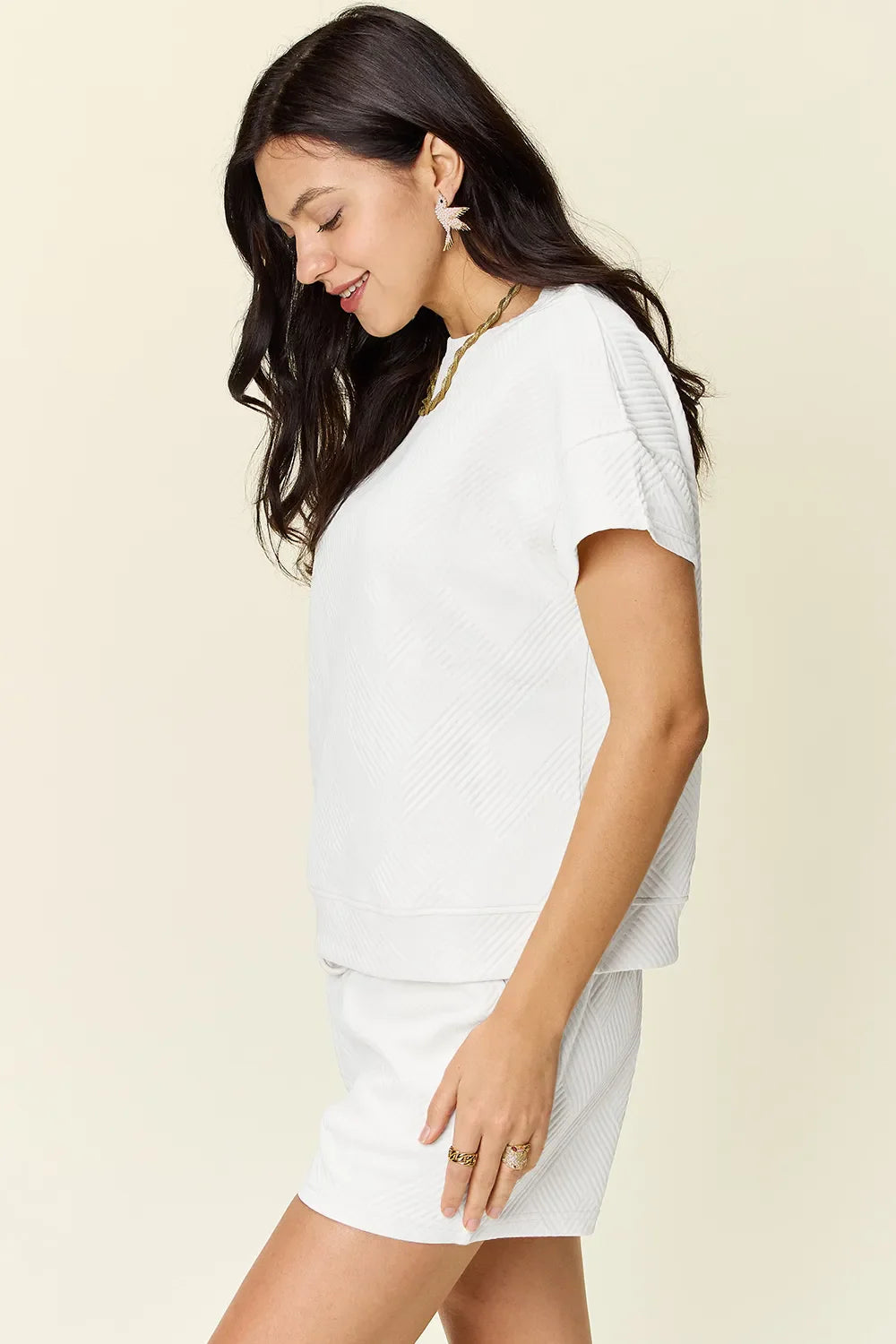 Textured Short Sleeve T-Shirt & Drawstring Shorts Set — Comfy & Stylish