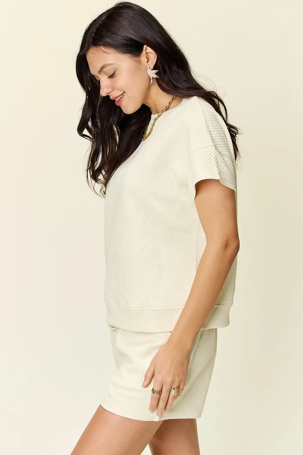 Textured Short Sleeve T-Shirt & Drawstring Shorts Set — Comfy & Stylish