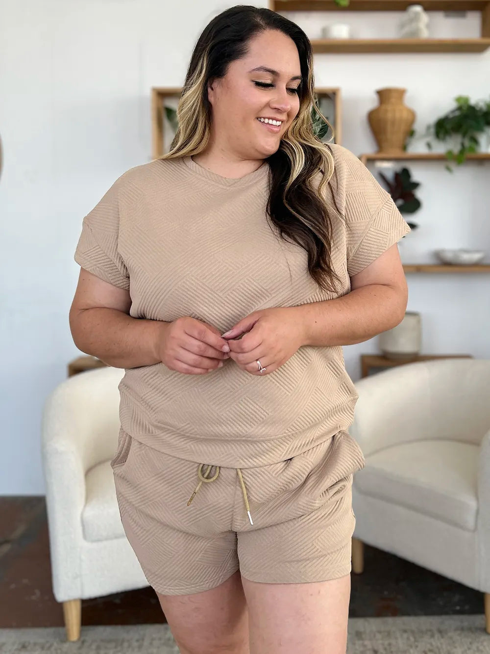 Textured Short Sleeve T-Shirt & Drawstring Shorts Set — Comfy & Stylish