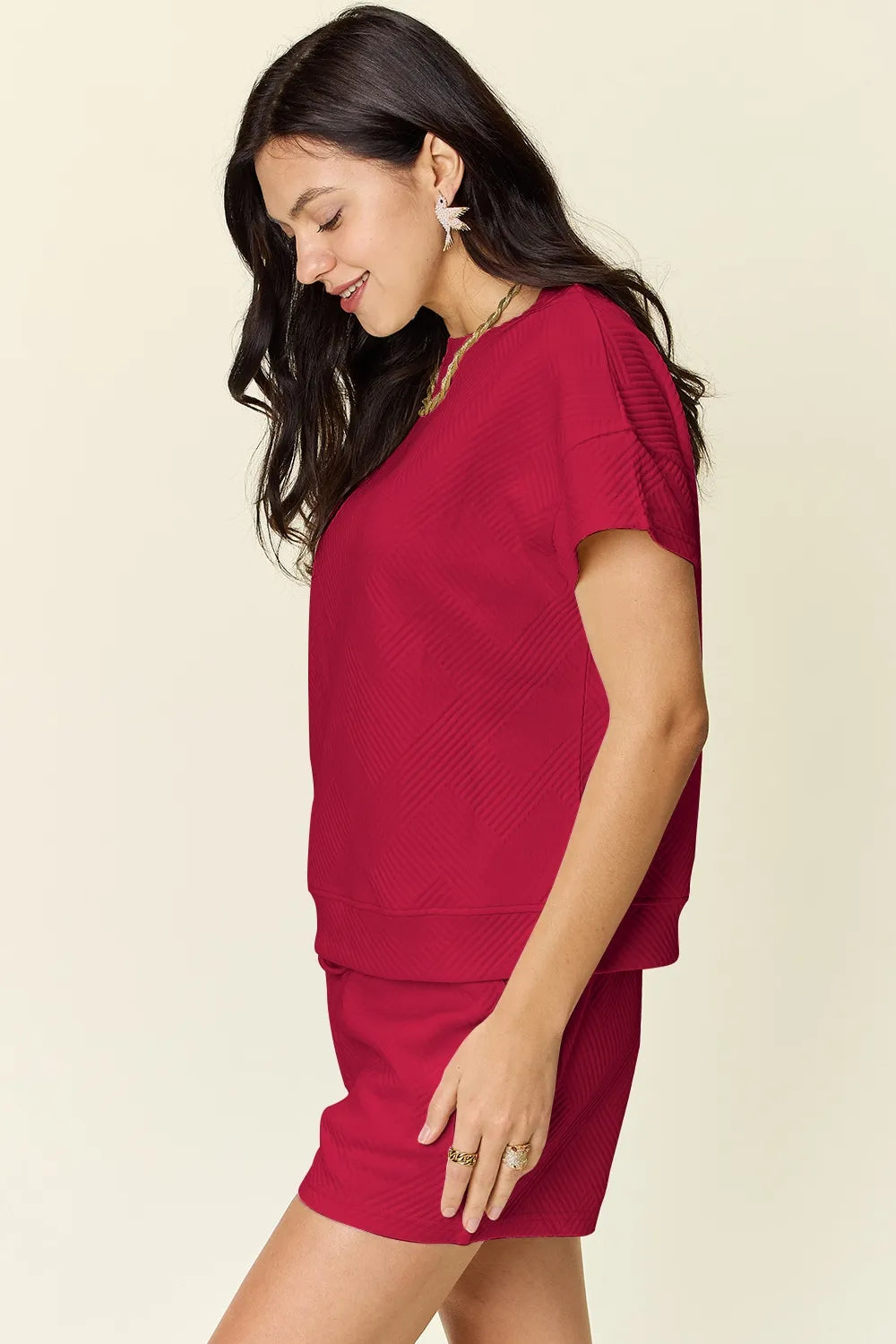 Textured Short Sleeve T-Shirt & Drawstring Shorts Set — Comfy & Stylish