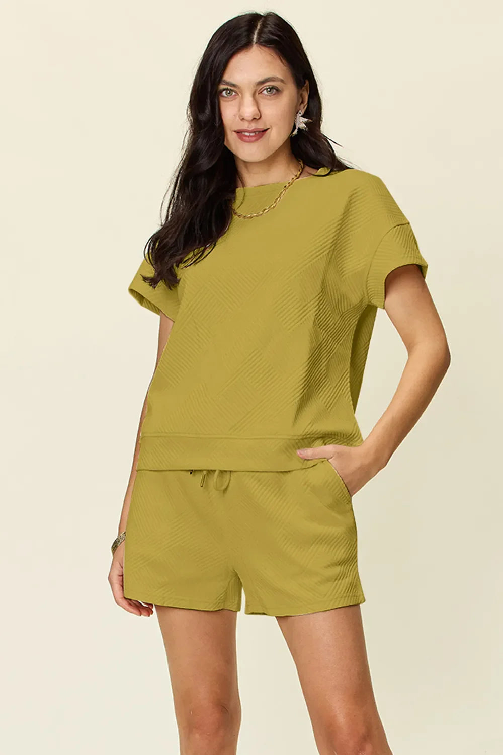 Textured Short Sleeve T-Shirt & Drawstring Shorts Set — Comfy & Stylish