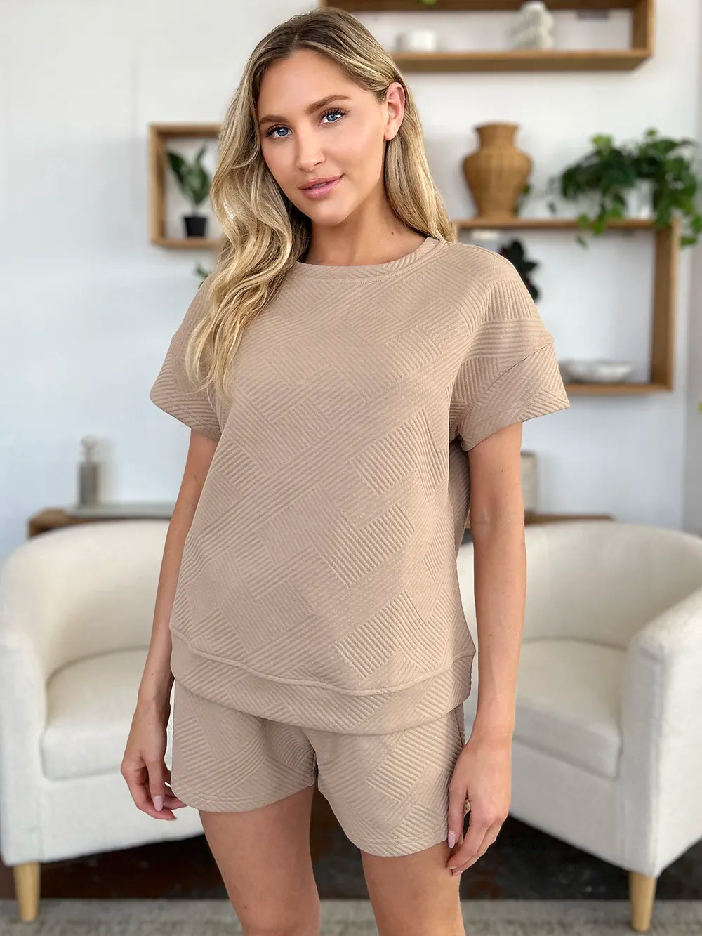 Textured Short Sleeve T-Shirt & Drawstring Shorts Set — Comfy & Stylish