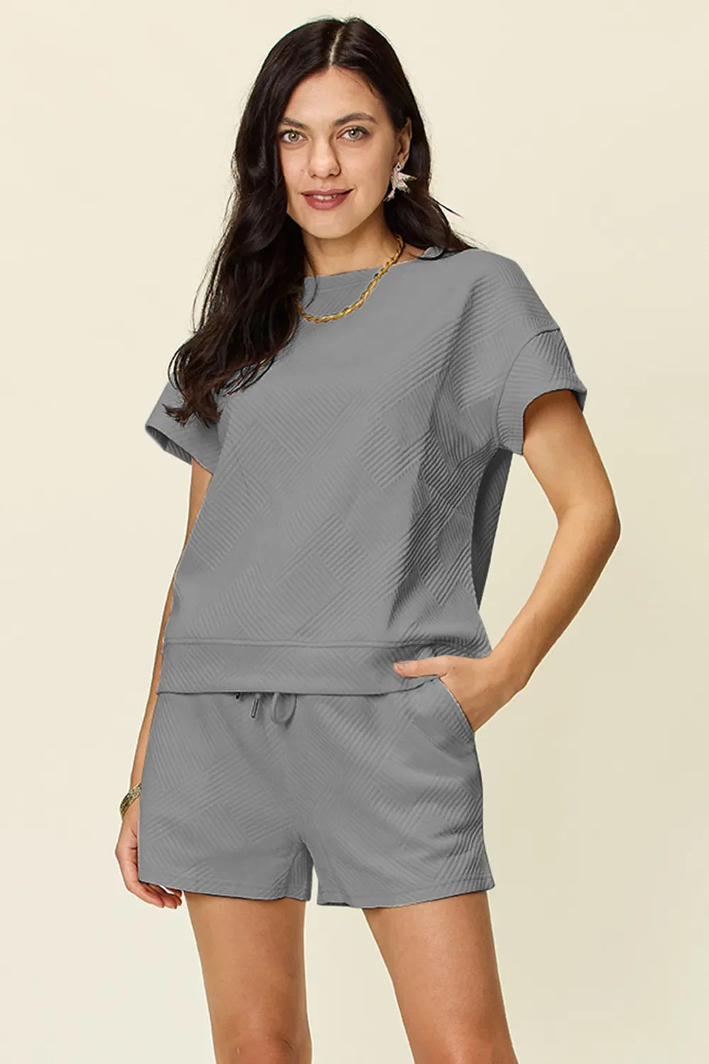 Textured Short Sleeve T-Shirt & Drawstring Shorts Set — Comfy & Stylish