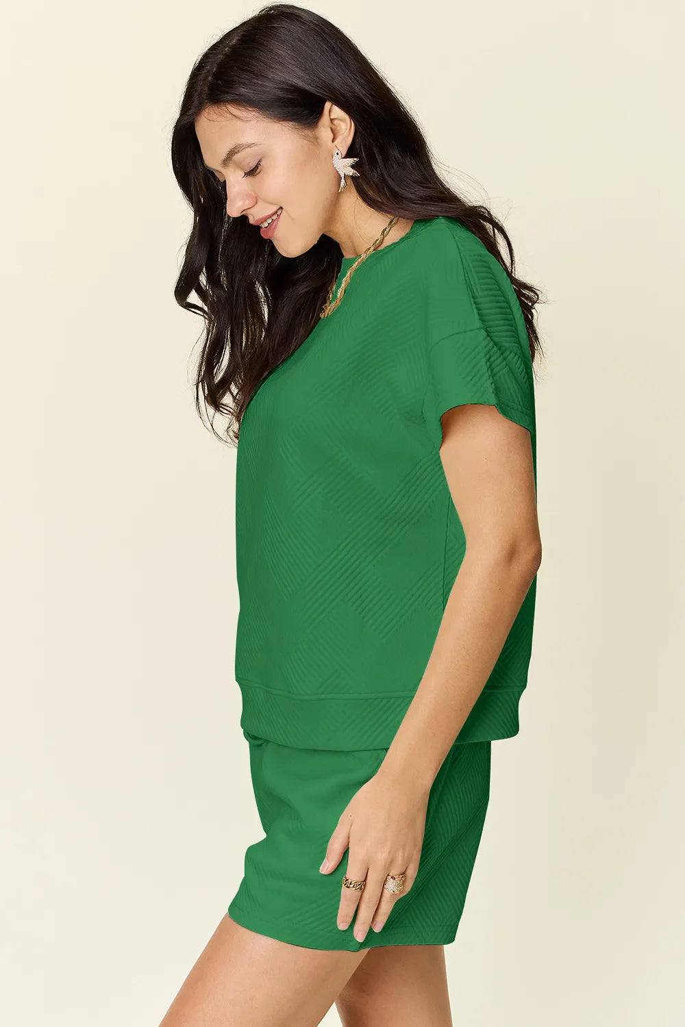 Textured Short Sleeve T-Shirt & Drawstring Shorts Set — Comfy & Stylish