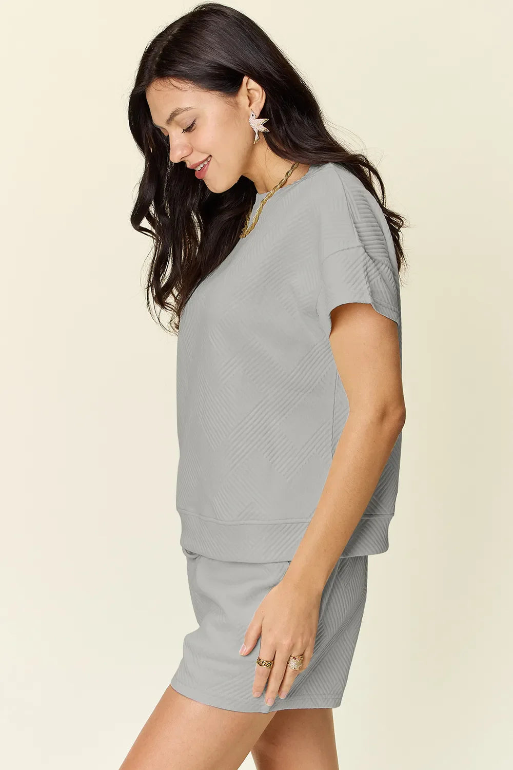Textured Short Sleeve T-Shirt & Drawstring Shorts Set — Comfy & Stylish