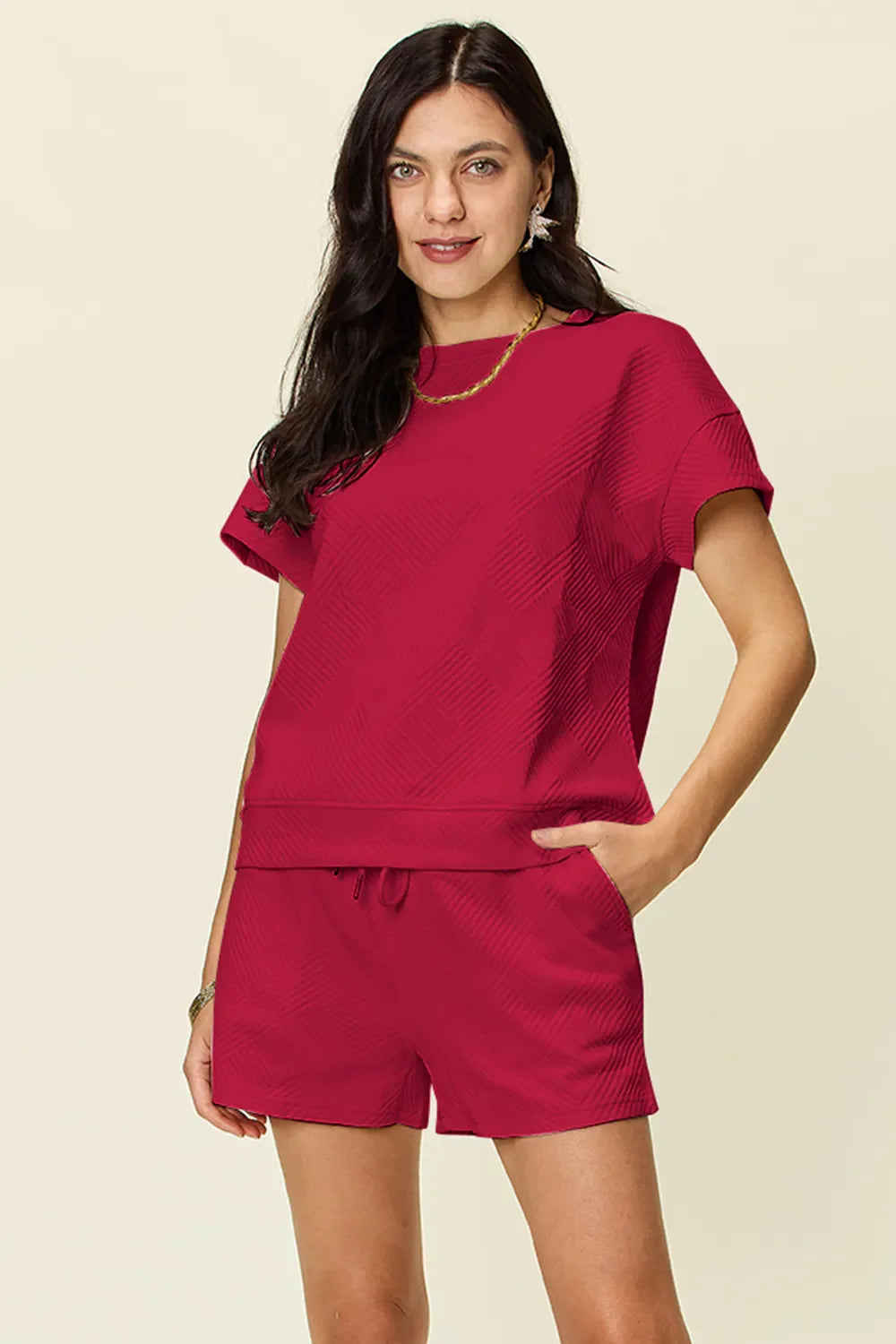 Textured Short Sleeve T-Shirt & Drawstring Shorts Set — Comfy & Stylish