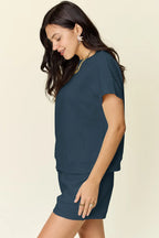 Textured Short Sleeve T-Shirt & Drawstring Shorts Set — Comfy & Stylish