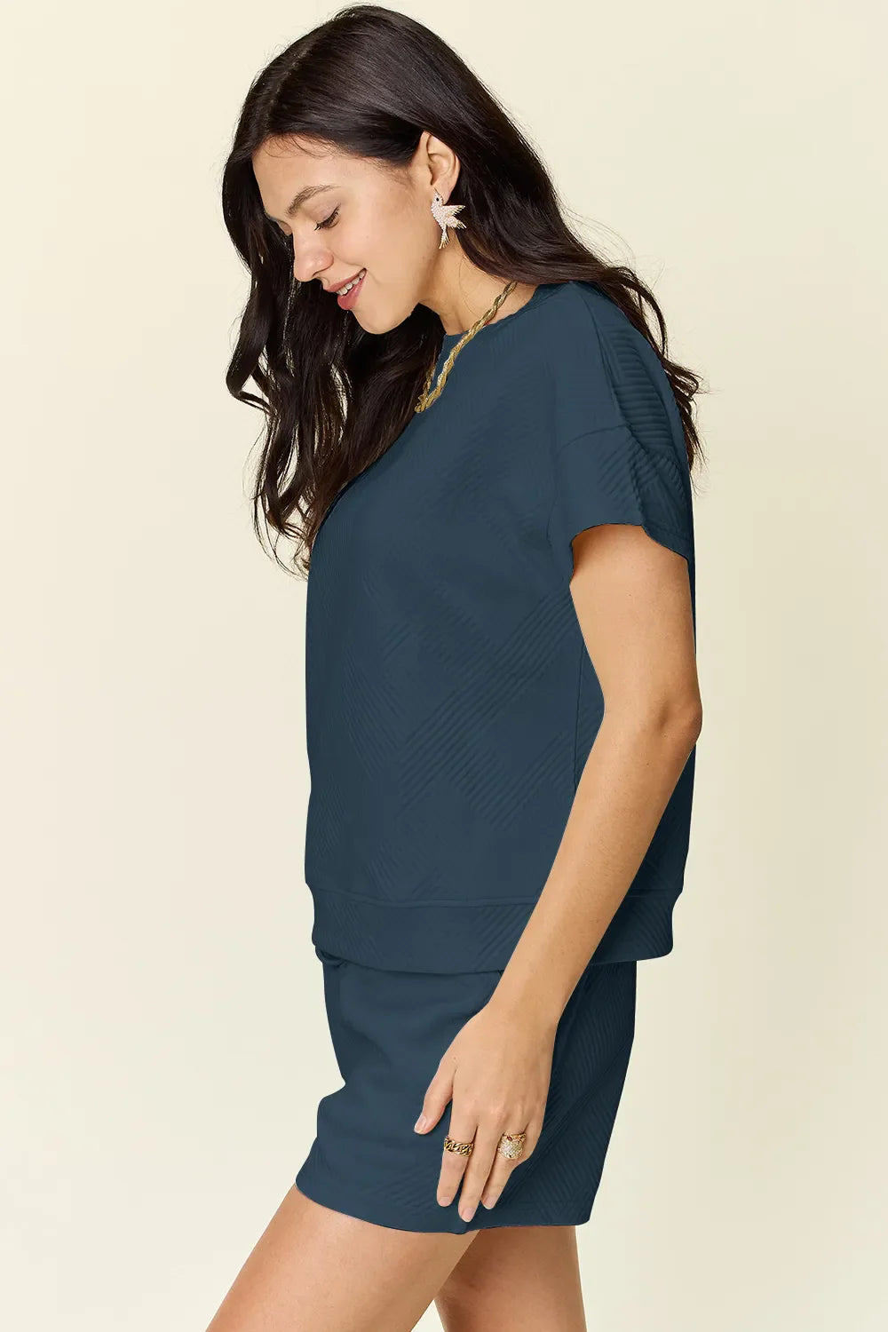 Textured Short Sleeve T-Shirt & Drawstring Shorts Set — Comfy & Stylish