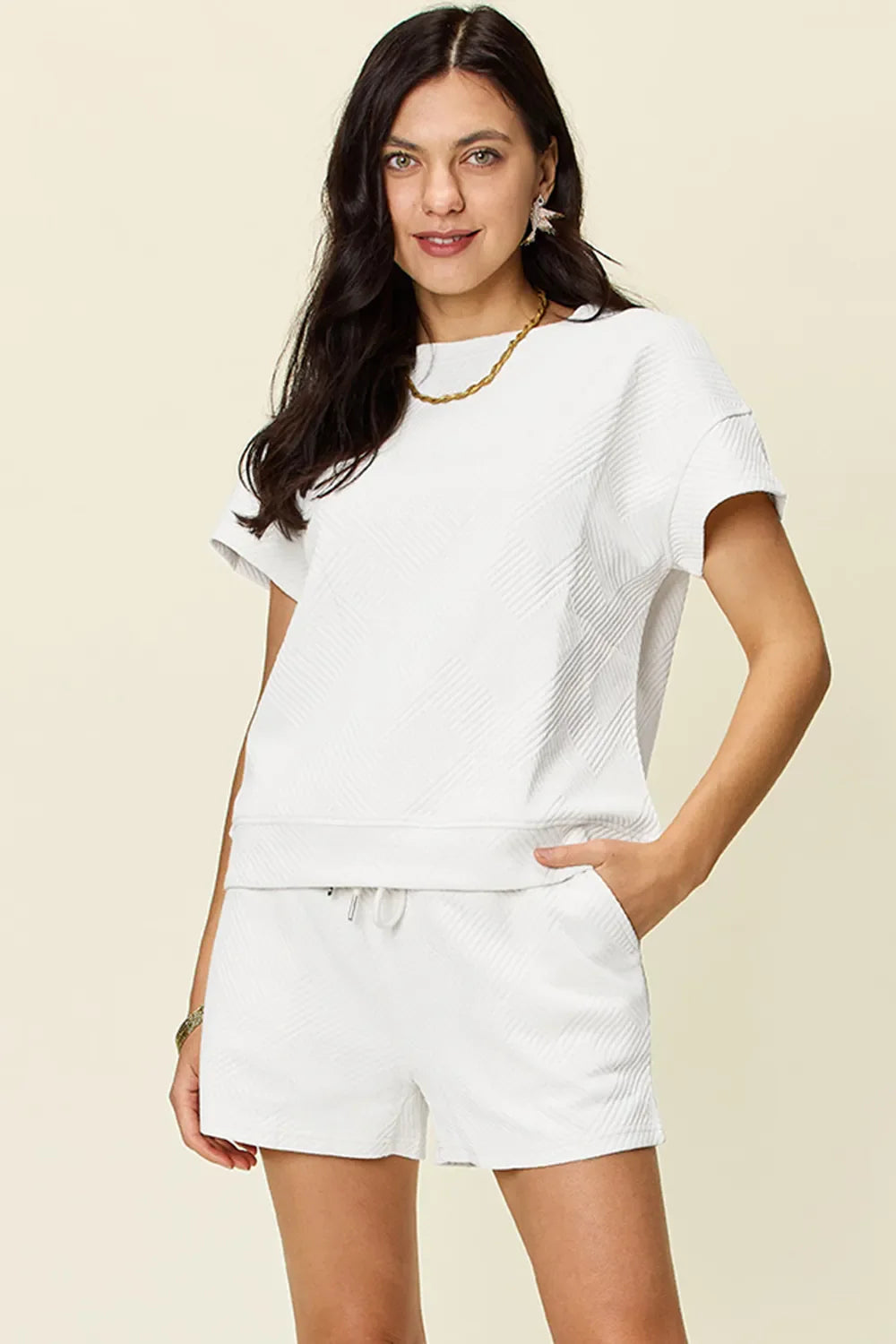 Textured Short Sleeve T-Shirt & Drawstring Shorts Set — Comfy & Stylish