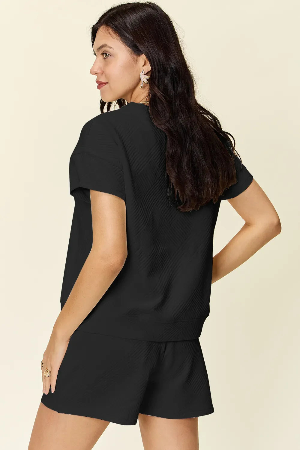 Textured Short Sleeve T-Shirt & Drawstring Shorts Set — Comfy & Stylish