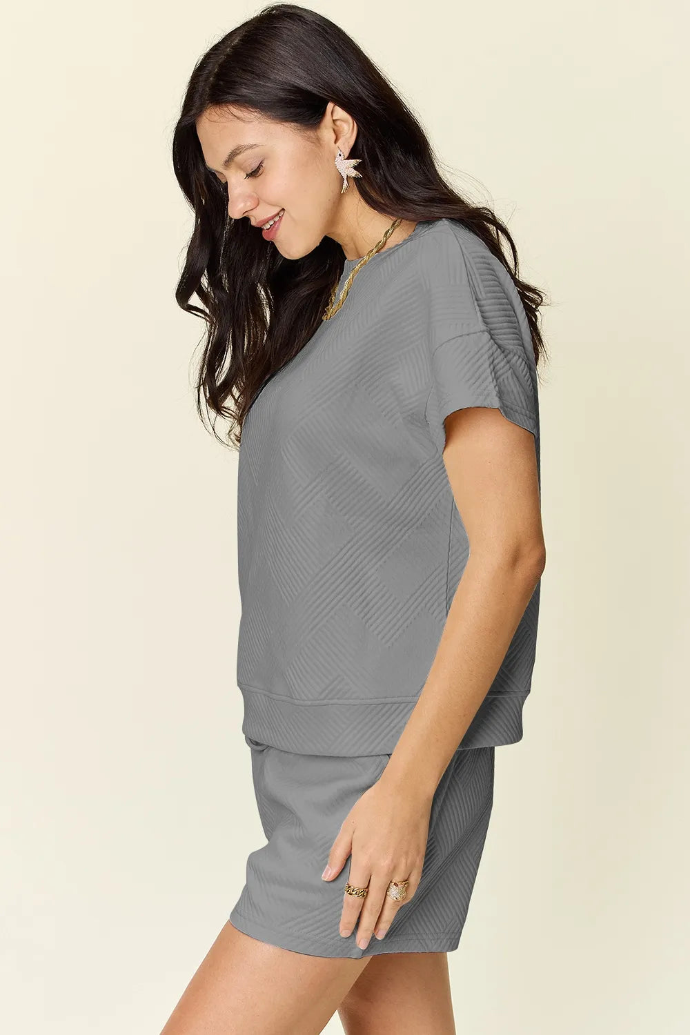 Textured Short Sleeve T-Shirt & Drawstring Shorts Set — Comfy & Stylish