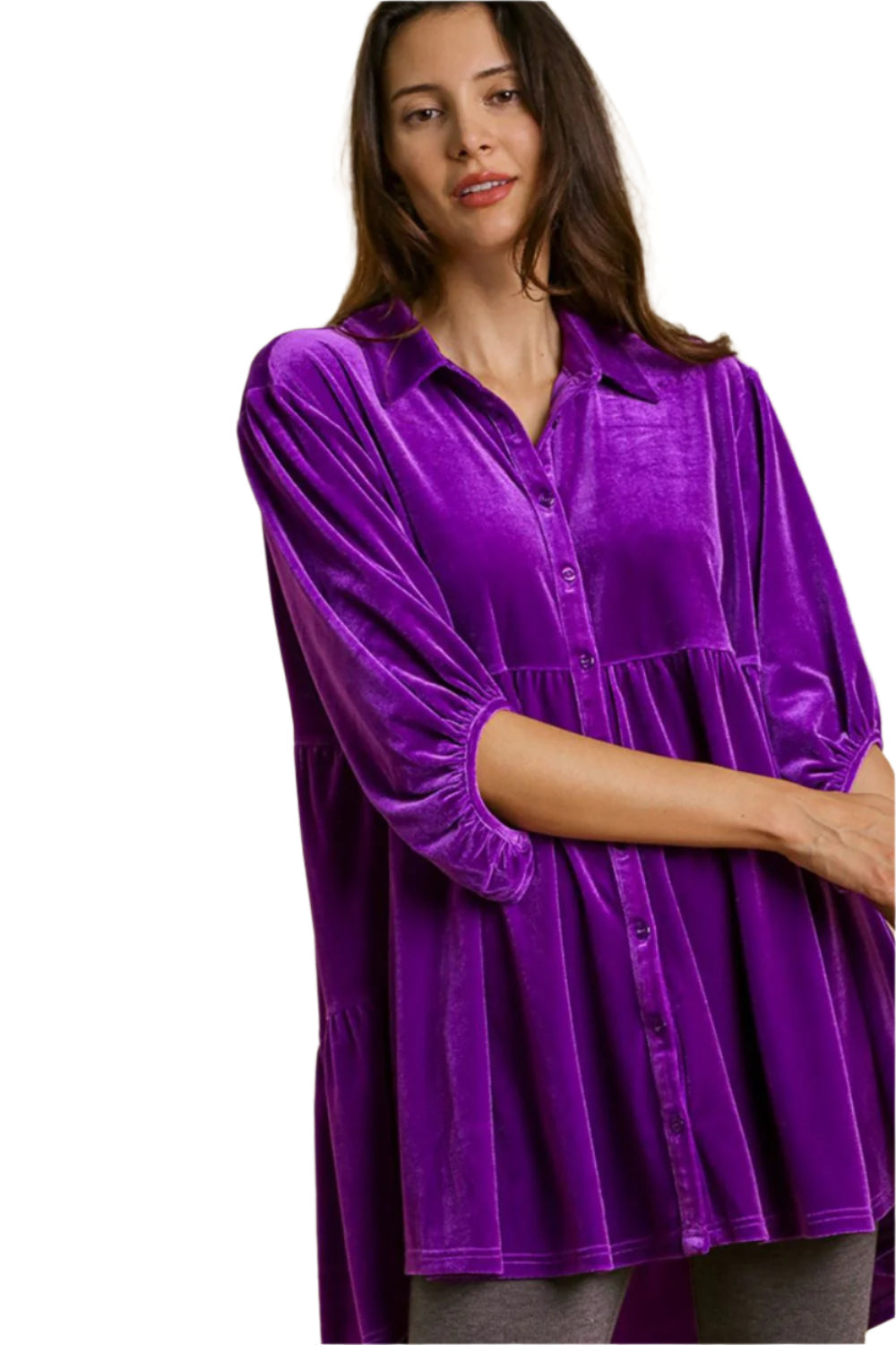 Umgee Button Down Tiered Back High Low Shirt