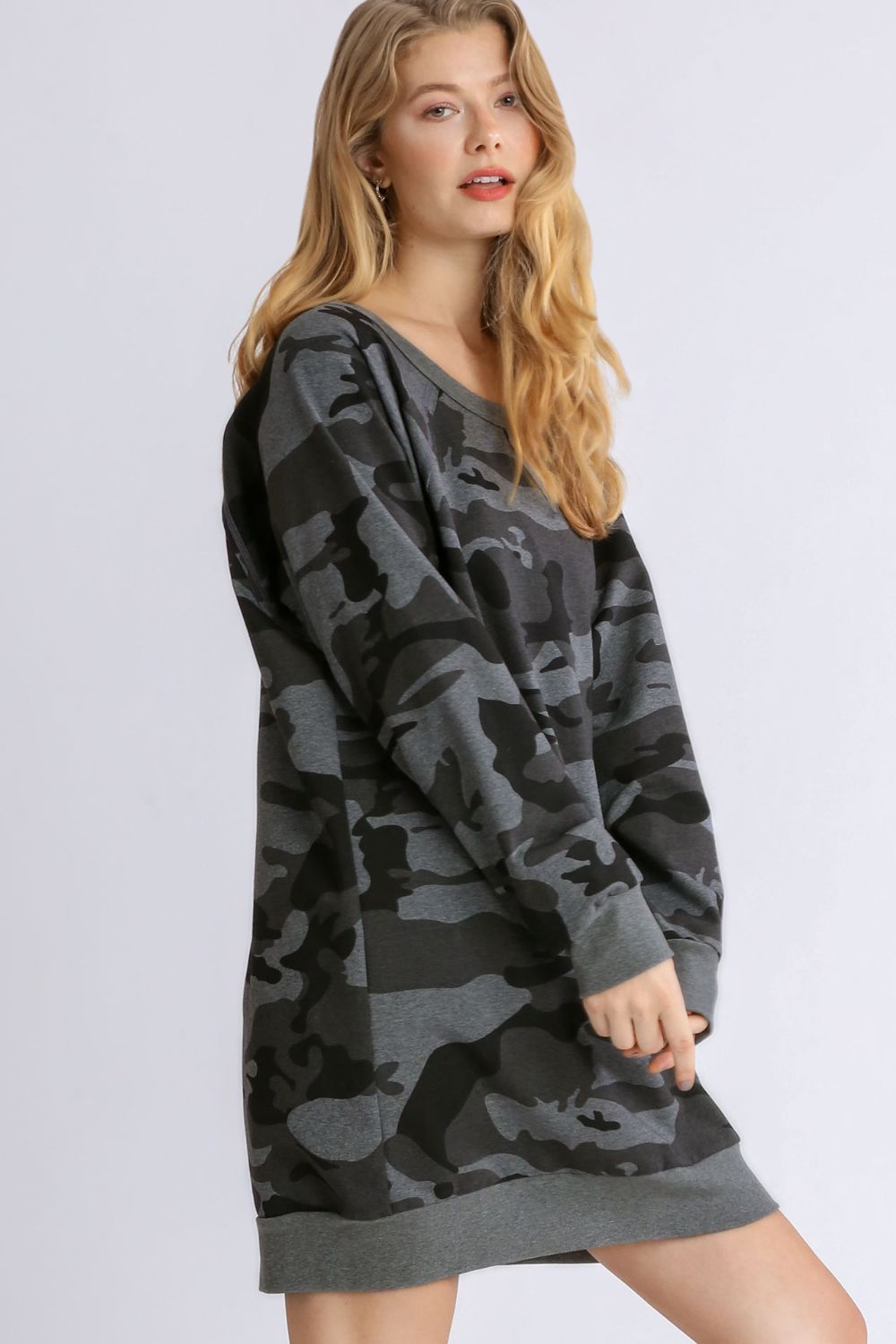 Umgee Camo Print Ribbed Hem French Terry Mini Dress